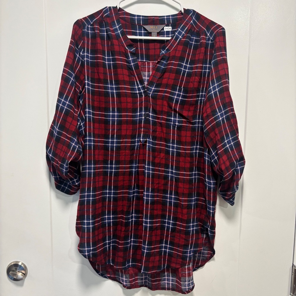 Mix by 41 Hawthorn Red Navy Plaid Roll Tab Sleeve Tunic Blouse Medium